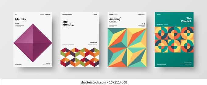 Company identity brochure template collection. Business presentation vector A4 vertical orientation front page mock up set. Corporate report cover abstract geometric illustration design layout bundle.