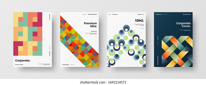 Company identity brochure template collection. Business presentation vector A4 vertical orientation front page mock up set. Corporate report cover abstract geometric illustration design layout bundle.