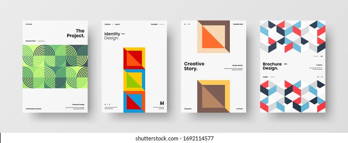 Company identity brochure template collection. Business presentation vector A4 vertical orientation front page mock up set. Corporate report cover abstract geometric illustration design layout bundle.