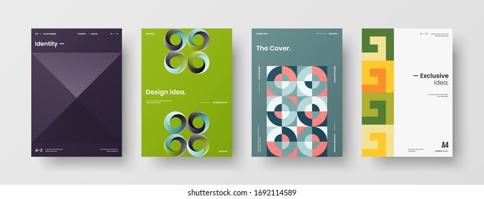 Company identity brochure template collection. Business presentation vector A4 vertical orientation front page mock up set. Corporate report cover abstract geometric illustration design layout bundle.