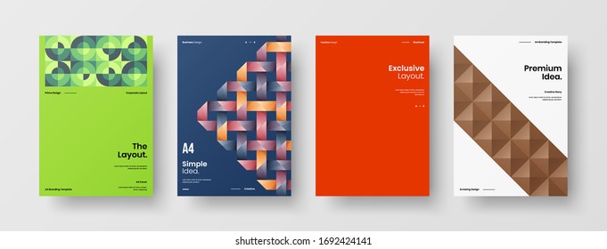 Company identity brochure template collection. Business presentation vector A4 vertical orientation front page mock up set. Corporate report cover abstract geometric illustration design layout bundle.