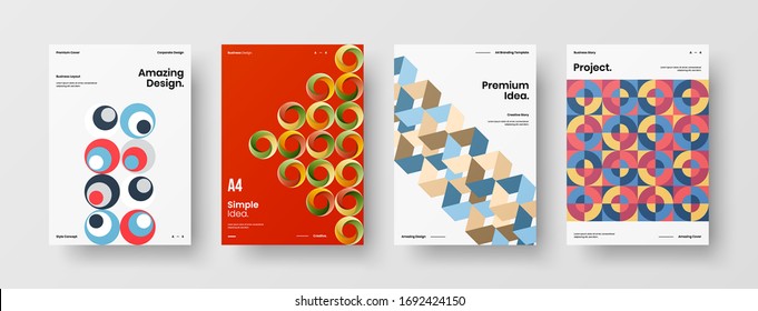 Company identity brochure template collection. Business presentation vector A4 vertical orientation front page mock up set. Corporate report cover abstract geometric illustration design layout bundle.