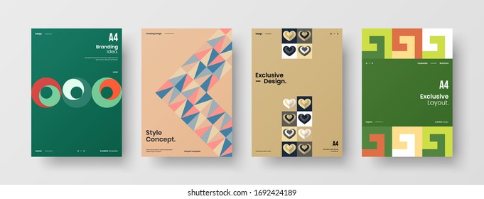 Company identity brochure template collection. Business presentation vector A4 vertical orientation front page mock up set. Corporate report cover abstract geometric illustration design layout bundle.