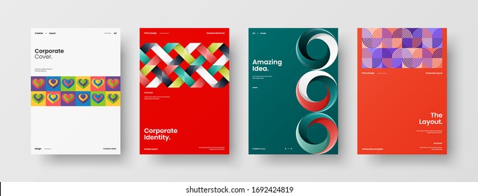  Colección de plantillas de folleto de identidad de la empresa.Diseño de presentación de negocio vectorial orientación vertical primera página maqueta conjunto. El informe corporativo cubre el paquete de diseño de ilustración geométrica abstracta.