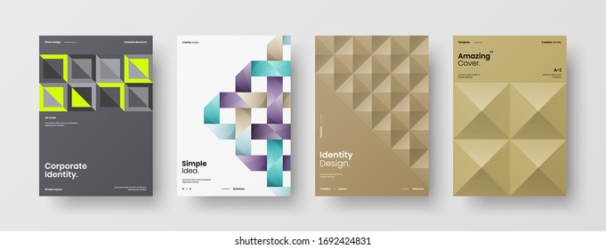 Company identity brochure template collection. Business presentation vector A4 vertical orientation front page mock up set. Corporate report cover abstract geometric illustration design layout bundle.