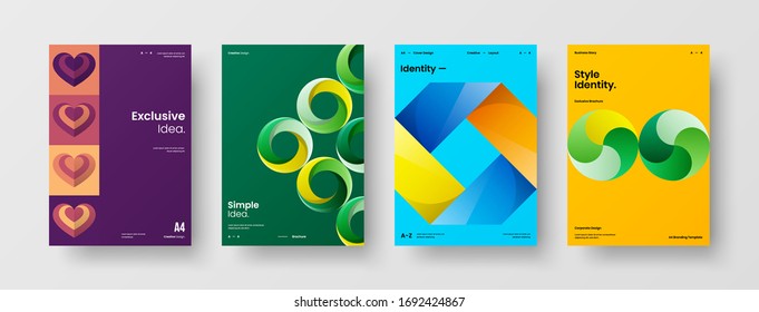 Company identity brochure template collection. Business presentation vector A4 vertical orientation front page mock up set. Corporate report cover abstract geometric illustration design layout bundle.