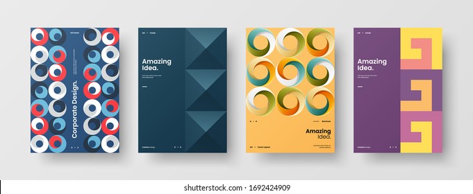 Company identity brochure template collection. Business presentation vector A4 vertical orientation front page mock up set. Corporate report cover abstract geometric illustration design layout bundle.