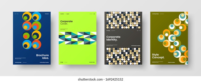 Company identity brochure template collection. Business presentation vector A4 vertical orientation front page mock up set. Corporate report cover abstract geometric illustration design layout bundle.