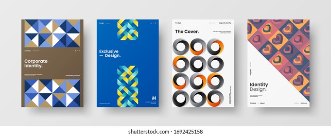 Company identity brochure template collection. Business presentation vector A4 vertical orientation front page mock up set. Corporate report cover abstract geometric illustration design layout bundle.