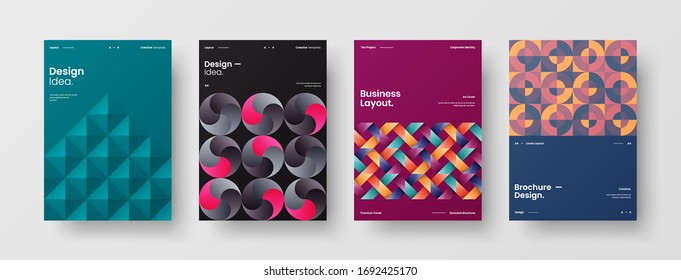 Colección de plantillas de folleto de identidad de la empresa.Diseño de presentación de negocio vectorial orientación vertical primera página maqueta conjunto. El informe corporativo cubre el paquete de diseño de ilustración geométrica abstracta.