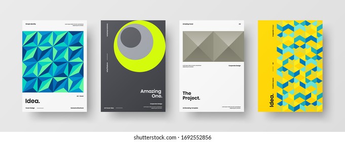 Company identity brochure template collection. Business presentation vector A4 vertical orientation front page mock up set. Corporate report cover abstract geometric illustration design layout bundle.