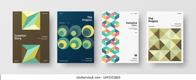 Company identity brochure template collection. Business presentation vector A4 vertical orientation front page mock up set. Corporate report cover abstract geometric illustration design layout bundle.