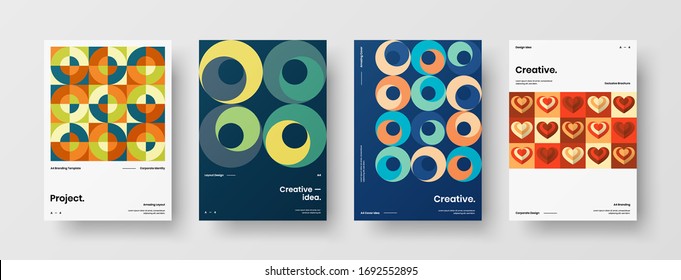 Company identity brochure template collection. Business presentation vector A4 vertical orientation front page mock up set. Corporate report cover abstract geometric illustration design layout bundle.