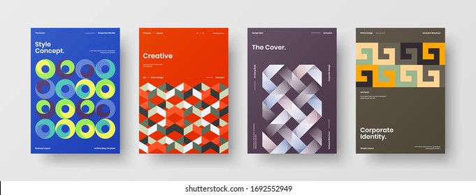 Company identity brochure template collection. Business presentation vector A4 vertical orientation front page mock up set. Corporate report cover abstract geometric illustration design layout bundle.