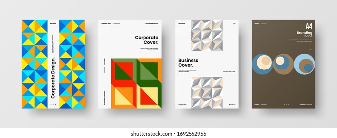 Company identity brochure template collection. Business presentation vector A4 vertical orientation front page mock up set. Corporate report cover abstract geometric illustration design layout bundle.