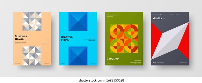Company identity brochure template collection. Business presentation vector A4 vertical orientation front page mock up set. Corporate report cover abstract geometric illustration design layout bundle.