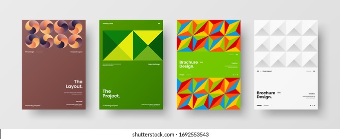 Company identity brochure template collection. Business presentation vector A4 vertical orientation front page mock up set. Corporate report cover abstract geometric illustration design layout bundle.