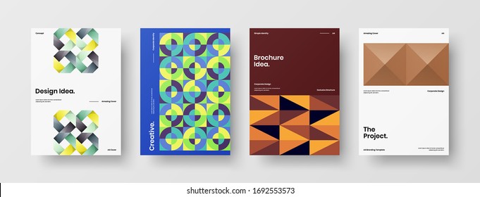 Company Identity Brochure Template Collection. Business Presentation Vector A4 Vertical Orientation Front Page Mock Up Set. Corporate Report Cover Abstract Geometric Illustration Design Layout Bundle.