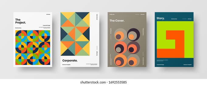 Company identity brochure template collection. Business presentation vector A4 vertical orientation front page mock up set. Corporate report cover abstract geometric illustration design layout bundle.