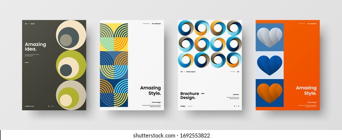 Company identity brochure template collection. Business presentation vector A4 vertical orientation front page mock up set. Corporate report cover abstract geometric illustration design layout bundle.