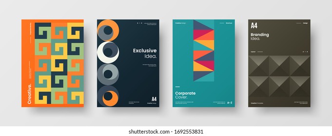 Company identity brochure template collection. Business presentation vector A4 vertical orientation front page mock up set. Corporate report cover abstract geometric illustration design layout bundle.