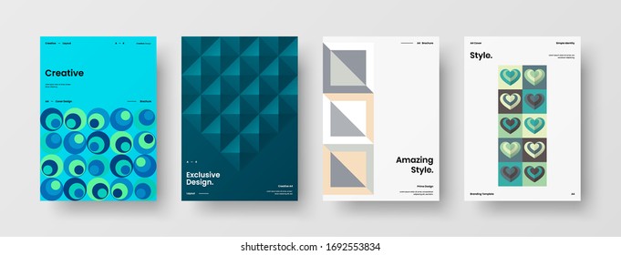 Company identity brochure template collection. Business presentation vector A4 vertical orientation front page mock up set. Corporate report cover abstract geometric illustration design layout bundle.