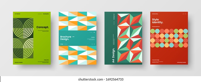 Company identity brochure template collection. Business presentation vector A4 vertical orientation front page mock up set. Corporate report cover abstract geometric illustration design layout bundle.