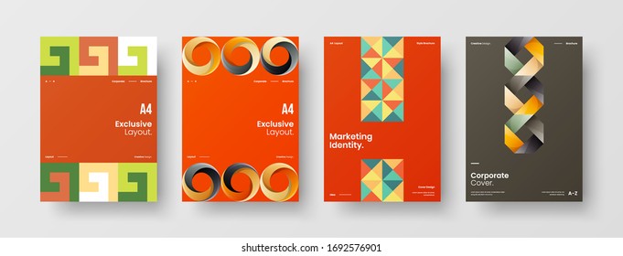 Company identity brochure template collection. Business presentation vector A4 vertical orientation front page mock up set. Corporate report cover abstract geometric illustration design layout bundle.