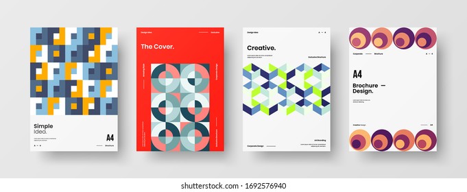 Company identity brochure template collection. Business presentation vector A4 vertical orientation front page mock up set. Corporate report cover abstract geometric illustration design layout bundle.