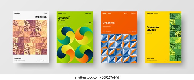 Company identity brochure template collection. Business presentation vector A4 vertical orientation front page mock up set. Corporate report cover abstract geometric illustration design layout bundle.