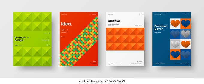 Company identity brochure template collection. Business presentation vector A4 vertical orientation front page mock up set. Corporate report cover abstract geometric illustration design layout bundle.