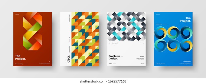 Company identity brochure template collection. Business presentation vector A4 vertical orientation front page mock up set. Corporate report cover abstract geometric illustration design layout bundle.