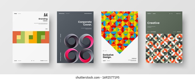 Company identity brochure template collection. Business presentation vector A4 vertical orientation front page mock up set. Corporate report cover abstract geometric illustration design layout bundle.