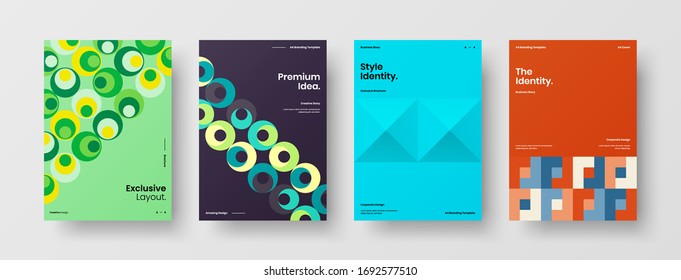 Company identity brochure template collection. Business presentation vector A4 vertical orientation front page mock up set. Corporate report cover abstract geometric illustration design layout bundle.