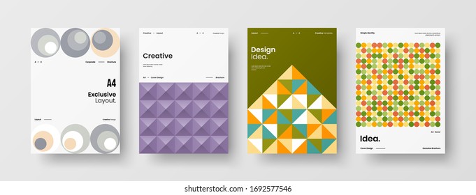 Company identity brochure template collection. Business presentation vector A4 vertical orientation front page mock up set. Corporate report cover abstract geometric illustration design layout bundle.