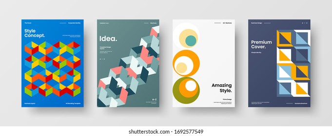 Company identity brochure template collection. Business presentation vector A4 vertical orientation front page mock up set. Corporate report cover abstract geometric illustration design layout bundle.