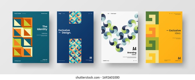 Company identity brochure template collection. Business presentation vector A4 vertical orientation front page mock up set. Corporate report cover abstract geometric illustration design layout bundle.