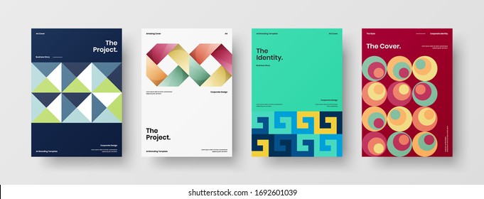 Company identity brochure template collection. Business presentation vector A4 vertical orientation front page mock up set. Corporate report cover abstract geometric illustration design layout bundle.