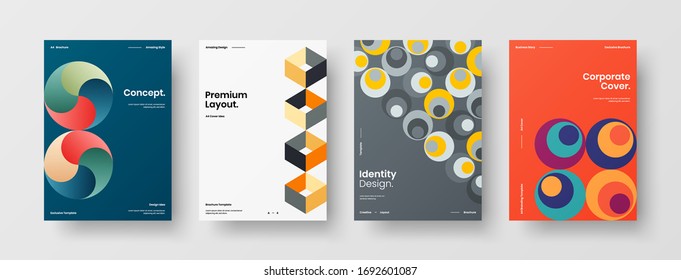 Company identity brochure template collection. Business presentation vector A4 vertical orientation front page mock up set. Corporate report cover abstract geometric illustration design layout bundle.