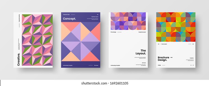 Company identity brochure template collection. Business presentation vector A4 vertical orientation front page mock up set. Corporate report cover abstract geometric illustration design layout bundle.