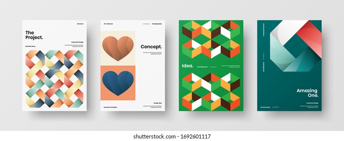 Company identity brochure template collection. Business presentation vector A4 vertical orientation front page mock up set. Corporate report cover abstract geometric illustration design layout bundle.