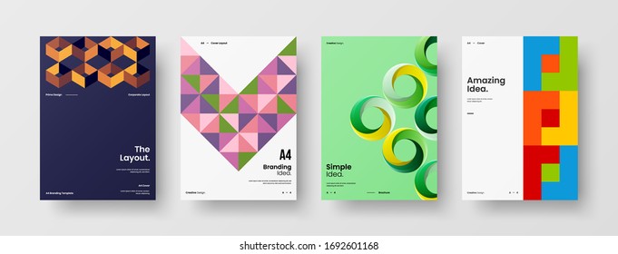 Company identity brochure template collection. Business presentation vector A4 vertical orientation front page mock up set. Corporate report cover abstract geometric illustration design layout bundle.