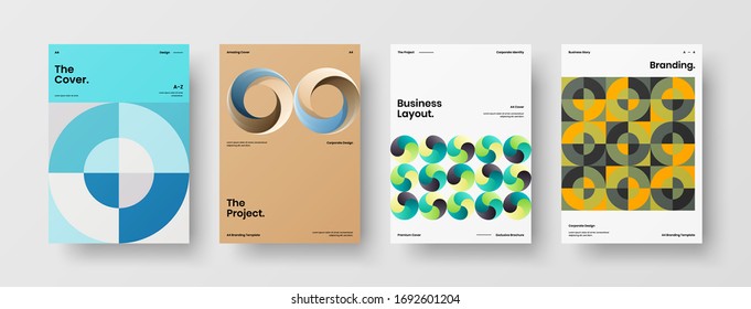 Company identity brochure template collection. Business presentation vector A4 vertical orientation front page mock up set. Corporate report cover abstract geometric illustration design layout bundle.