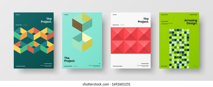 Company identity brochure template collection. Business presentation vector A4 vertical orientation front page mock up set. Corporate report cover abstract geometric illustration design layout bundle.