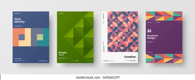 Company identity brochure template collection. Business presentation vector A4 vertical orientation front page mock up set. Corporate report cover abstract geometric illustration design layout bundle.