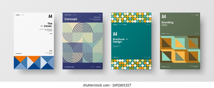 Company identity brochure template collection. Business presentation vector A4 vertical orientation front page mock up set. Corporate report cover abstract geometric illustration design layout bundle.