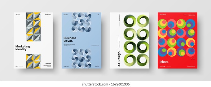 Company identity brochure template collection. Business presentation vector A4 vertical orientation front page mock up set. Corporate report cover abstract geometric illustration design layout bundle.