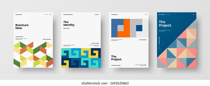 Company identity brochure template collection. Business presentation vector A4 vertical orientation front page mock up set. Corporate report cover abstract geometric illustration design layout bundle.