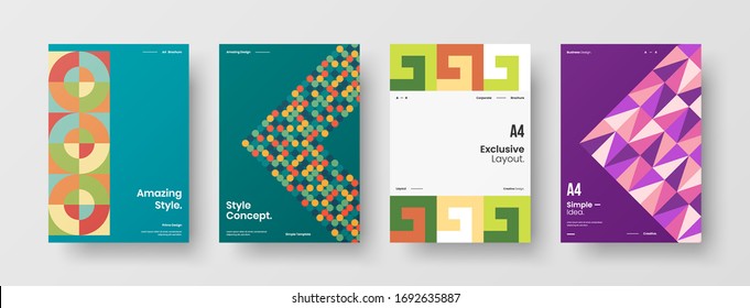 Company identity brochure template collection. Business presentation vector A4 vertical orientation front page mock up set. Corporate report cover abstract geometric illustration design layout bundle.