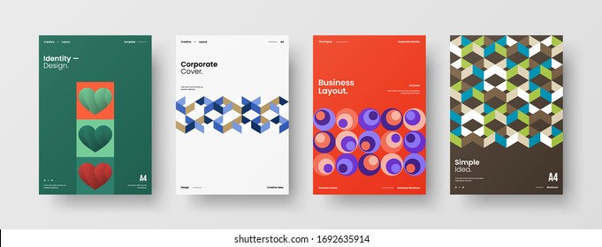 Company identity brochure template collection. Business presentation vector A4 vertical orientation front page mock up set. Corporate report cover abstract geometric illustration design layout bundle.